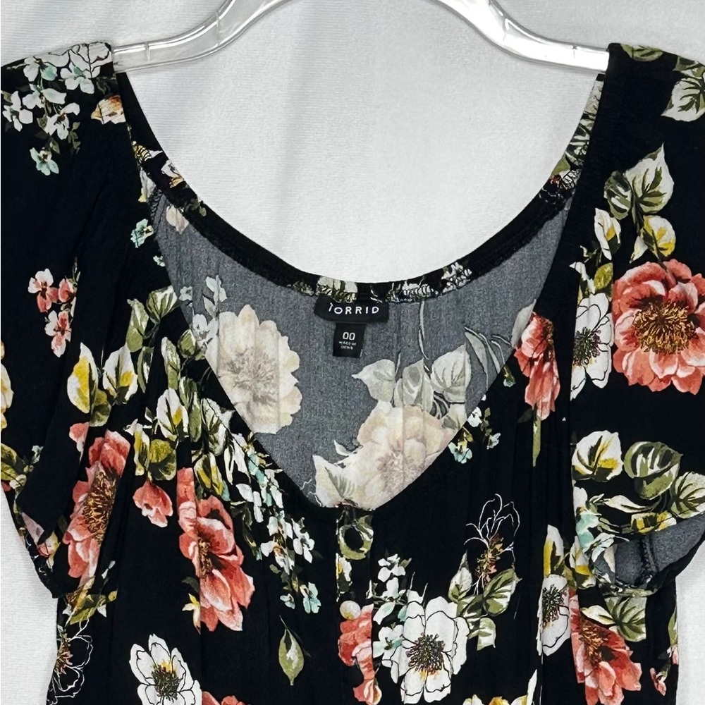 Torrid Black Floral Babydoll Top Off Shoulder Crepe Cottagecore Boho Sz 00 M/L - Picture 9 of 9